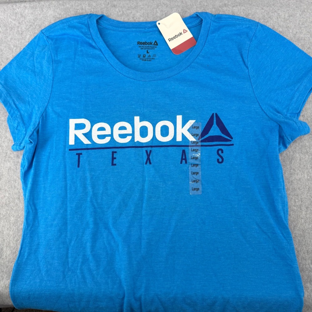 Reebok Texas Graphic T-Shirt Womens Large Turquoise Blue Short Sleeve B76763 NWT